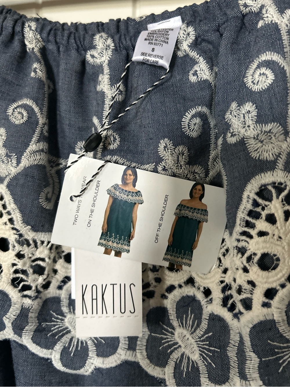 Kaktus Chambray Blue Shift Style Shoulder Embroidered Dress with Ivory Lace Trim - Picture 4 of 4